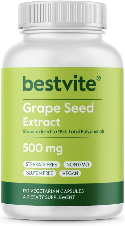 BESTVITE Rypäleen siemenuute 500 mg (120 kasvissyöjän kapselit) - Ei stearaattia - Standardoitu 95% polyfenolit