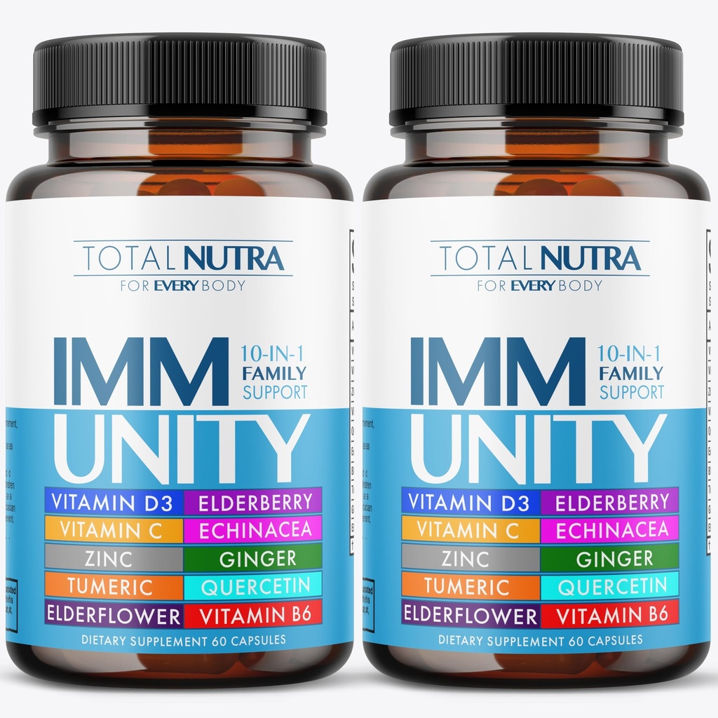 10-In-1 Immun Support Supplement: Immune Boosters for Adults & Kids Daily Immunity Defense med Key Immune System Vitamins Zinc, Vitamin C och D, Plus Elderberry, Quercetin, Echinacea & More, 60 Caps