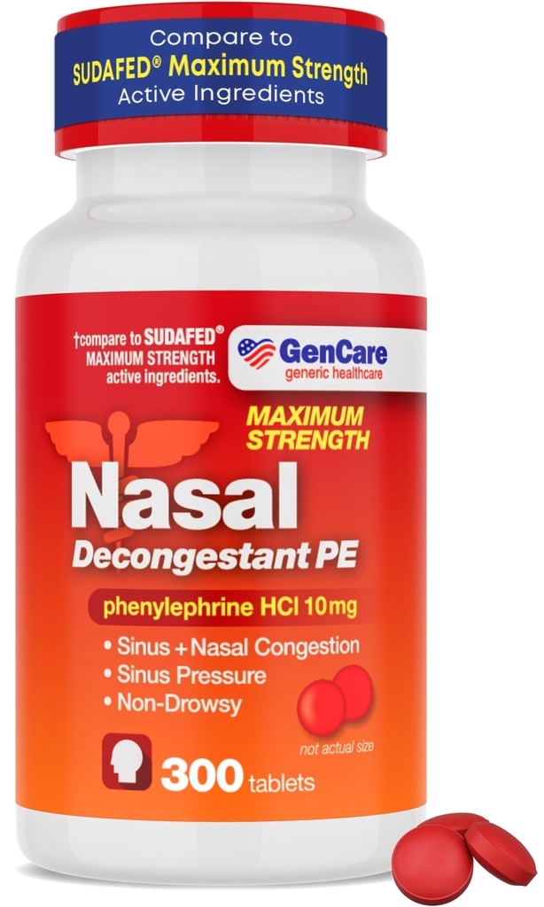 GenCare - Nasal Decongesstant (10 mg tablettia) Fenyyliefriini HCl (300 tablettia per pullo)