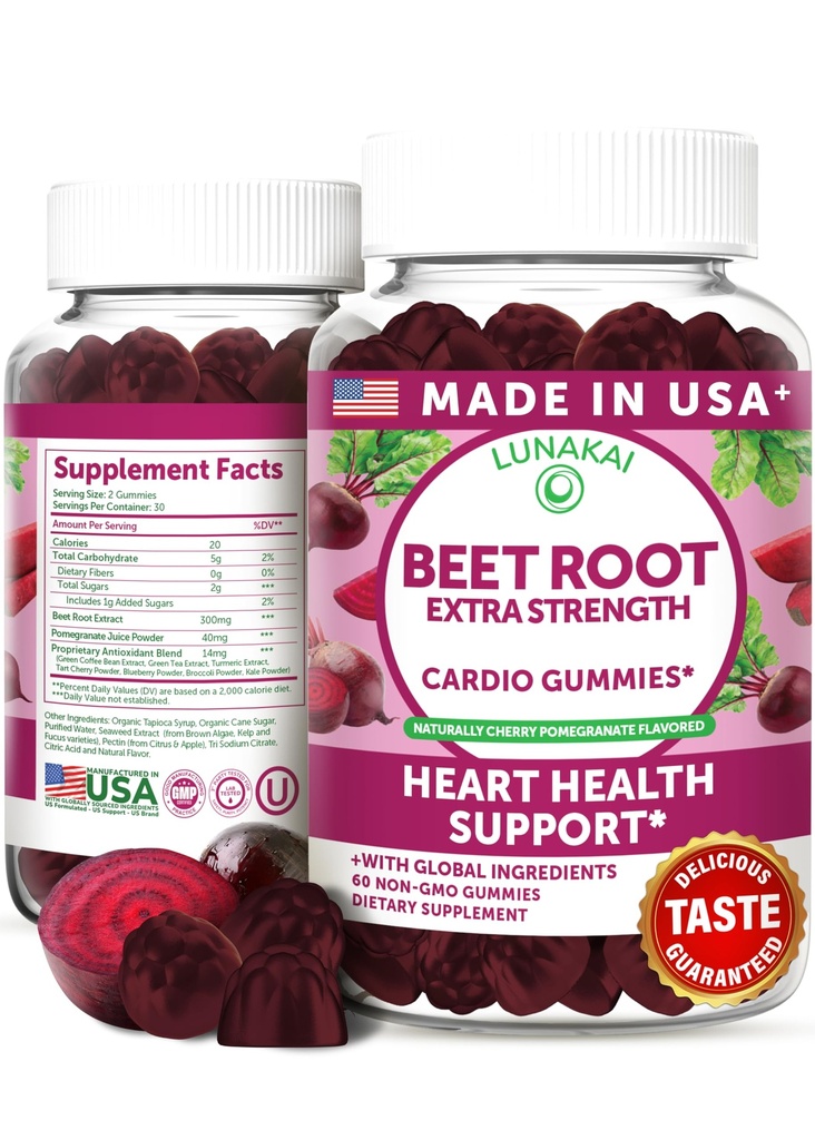 Lunakai USA Made Beet Root Gummies antioksidantti Blend - herkullinen ei-GMO Beet Chews, 60ct