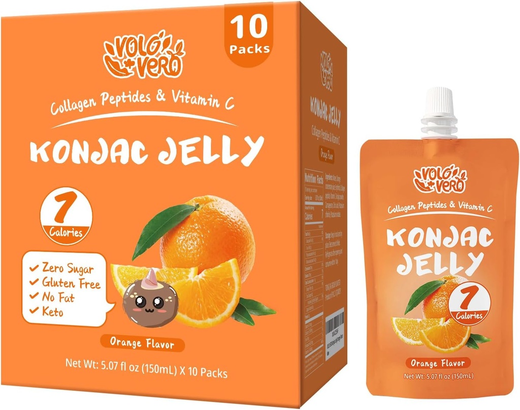 Konjac Jelly Pouch Drinkable Orange Flavor, Low Calories (7 Kcal), 10 pakkausta, Gluteeniton, Keto, Sokeriton, Low Carb, C-vitamiinin terveelliset hedelmäpalat, Lomalahja