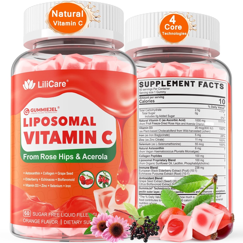 Natural Liposomal Vitamin C 1000mg Gummies för vuxna och barn 9 +, Chewable Vitamin C w / 11mg Zink, D3, Elderberry, Echinacea, , Bioflavonoid, Immune Support, Whole Food VIT C från Fruits, Sugar Free