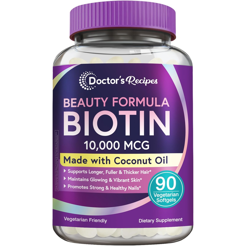 Lääkärin reseptit Biotiini 10 000 mikrog, hiusten kasvu, terve iho & kynnet, energia aineenvaihdunta, kasvissyöjä-ystävällinen Biotiini, kookosöljy, ei-GMO, 3 kuukauden tarjonta, 90 kasvissyöjä Softgels