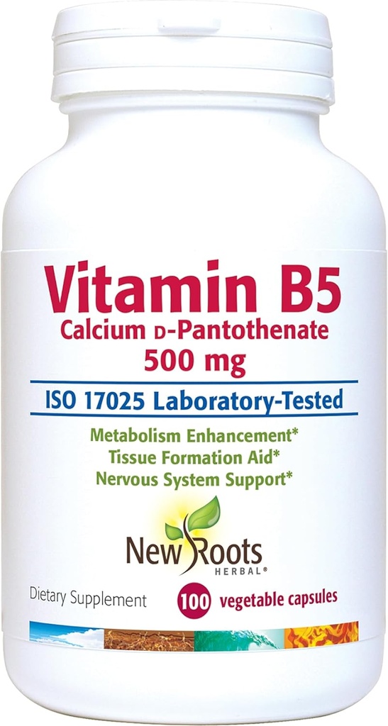 UUDET ROOTTS HERBAL B5-vitamiini (500 mg) kalsium- B5-vitamiinin kanssa (100 kapselia)