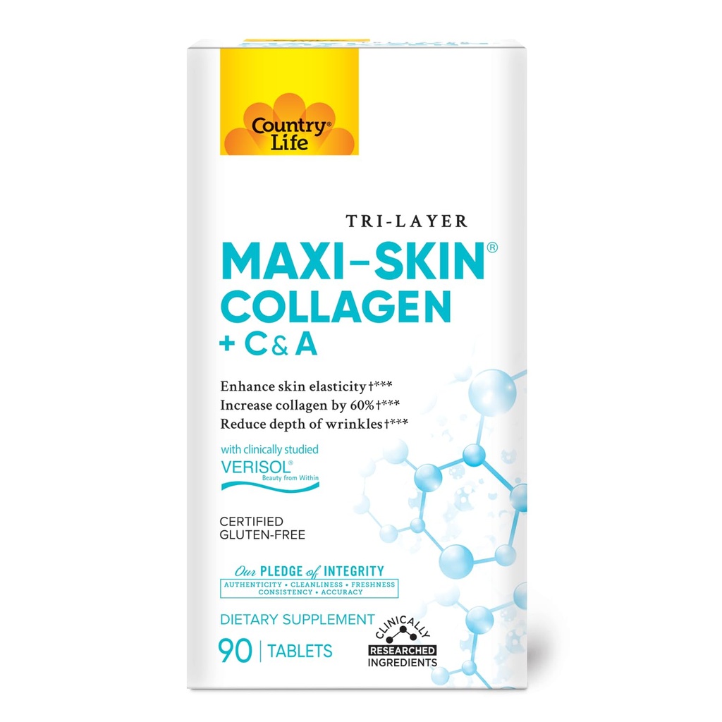 Maa Life Verisol Collagen Peptides Tabletit - Vähentää syvyys W[KB2] ripsiä & parantaa ihon Elastisuus-90 Tabletit-sisältää A-vitamiinia & C - Kollageenijauhe naisille ja miehille - Boost Skin Collagen 60%
