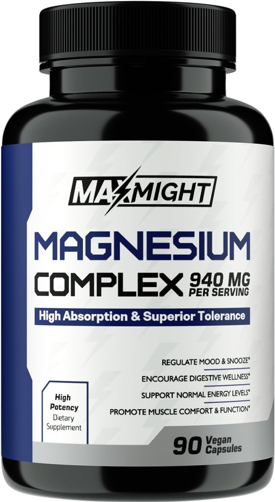 Magnesiumkompleksi, 210 mg elementaarinen magnesium, glysinaatti, sitraatti ja malaatti, ei-GMO, maksimiabsorptio, lihas, mieliala, energia, 90 vegan-kapselia