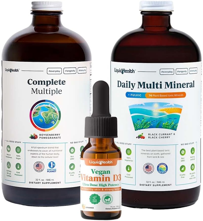 LIQUIDHEALTH Ultraimmuniteetti Nestemäinen Vitamiini Bundle aikuisille täydellinen Multivitamiini, Päivittäinen Multi Minerals ja Vegan D3-vitamiini D3 Drops - Immuunituki Vitamiinit, Koko elintarvikkeet, Vegan, Ei GMO