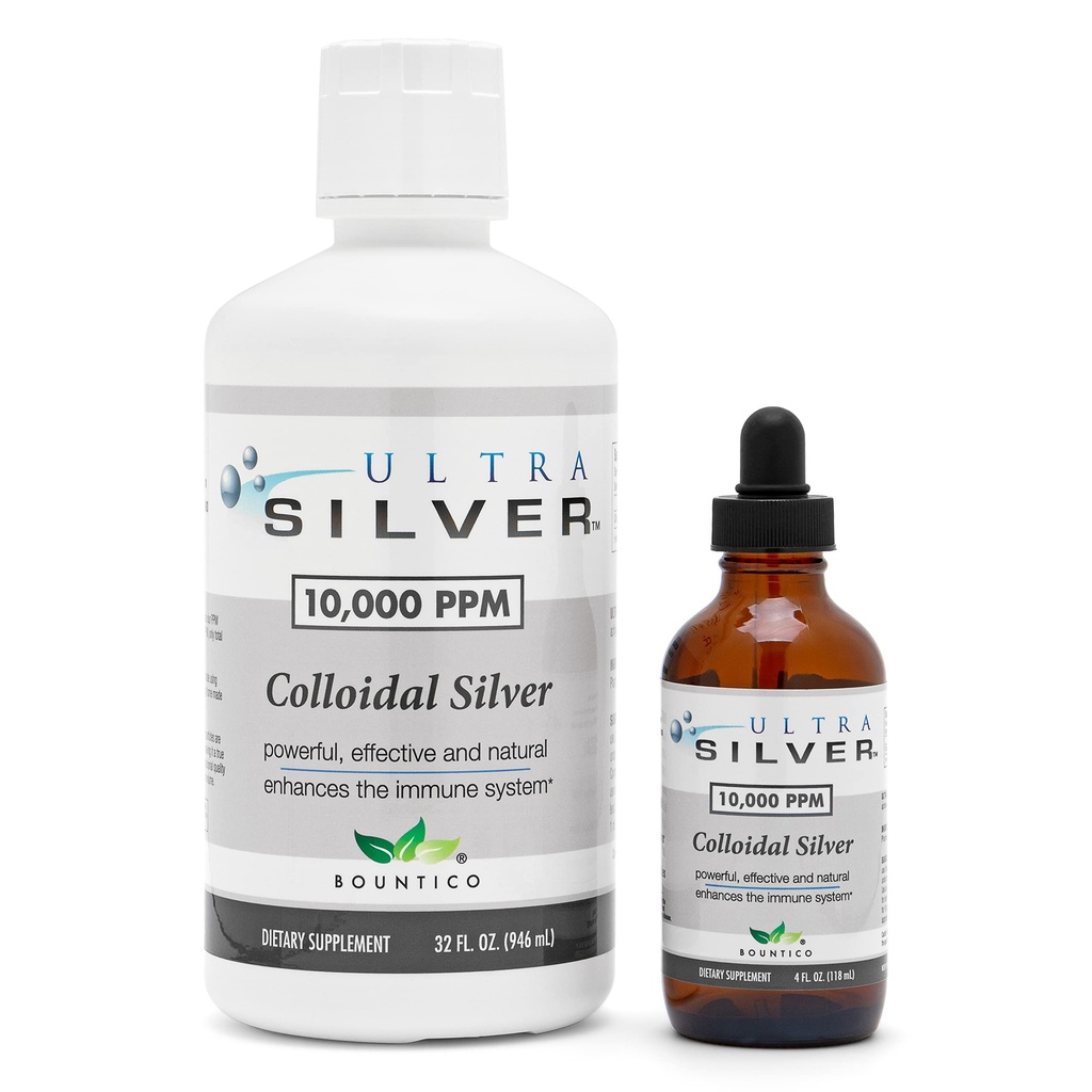 Ultra Silver® Colloidal Silver | 10 000 PPM, 32 Oz (946mL) | Mineral Supplement | True Colloidal Silver - 4 oz Dropper Bottle (Empty) Ingår för Dispensing!