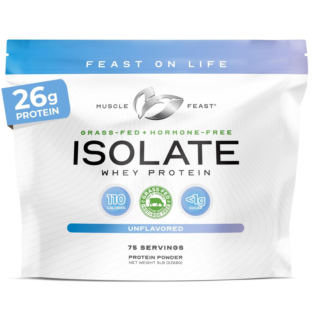 Muscle Feast Grass-Fed Whey Protein Isolate, All Natural Hormone Free Pasture Raised, Whey Isolate Protein Powder for Men and Women, Clean, non-GMO & Gluteeniton, Isolate Protein - Ei makua, 5lb
