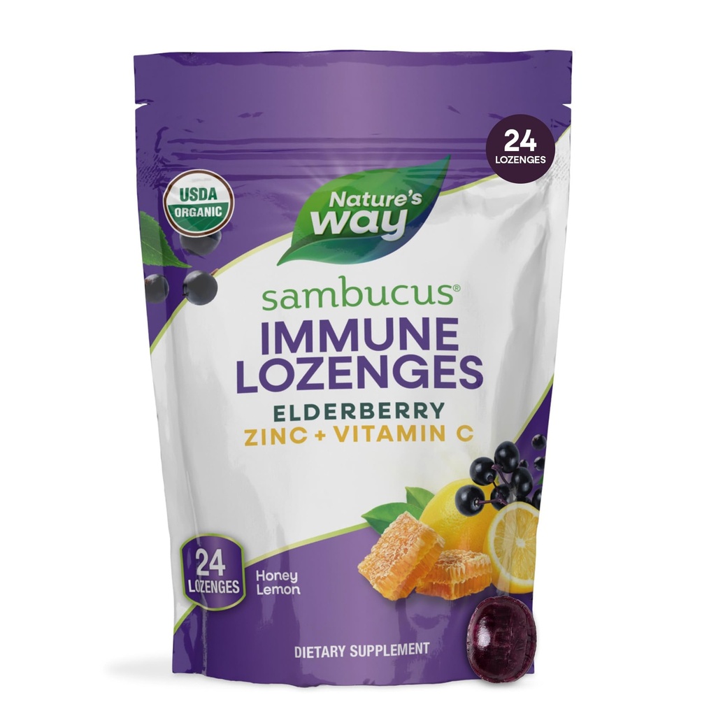 Nature's Way Sambucus Sinkki Lozenges kanssa Elderberry ja C-vitamiini, Honey Lemon Flavor, 24 Lozenges