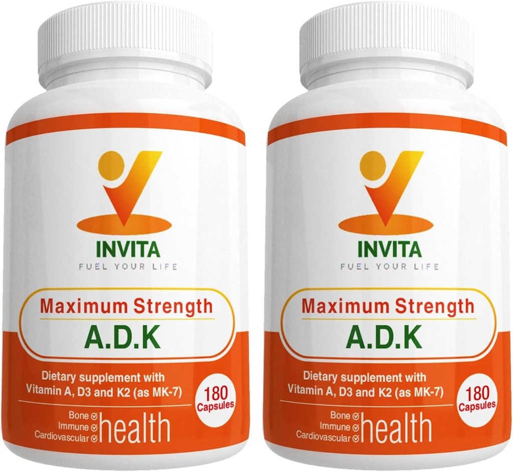 INVITA ADK - vitamiinit A1, D3-vitamiini 5000 IU & K2 MK7 täydentää - lääkäri Formulated Bone & Immunosystem Support - Gluteeniton, ei-GMO - 180 kasvissyöjä kapselit miehille & naisille