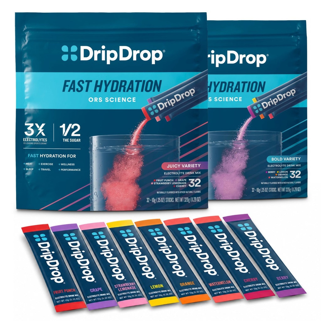 DripDrop Hydration - Electrolyte Powder Packets - Watermelon, Berry, sitruuna, appelsiini, hedelmäpunssi, viinirypäle, mansikkasitruuna, kirsikka - 64