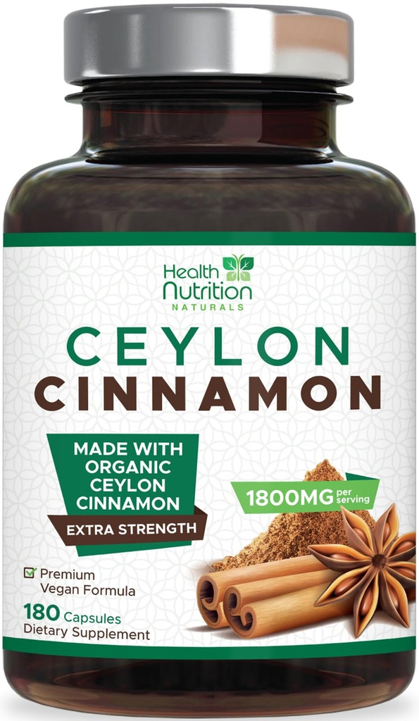 Ceylon Cinnamon Capsules 1800mg - Certified Organic Ceylon Cinnamon Powder Supplement, pullotettu Yhdysvalloissa, Extra Strength Energy & Heart Support Pills, ei-GMO & Gluteeniton, sokeriton - 180 kapselia