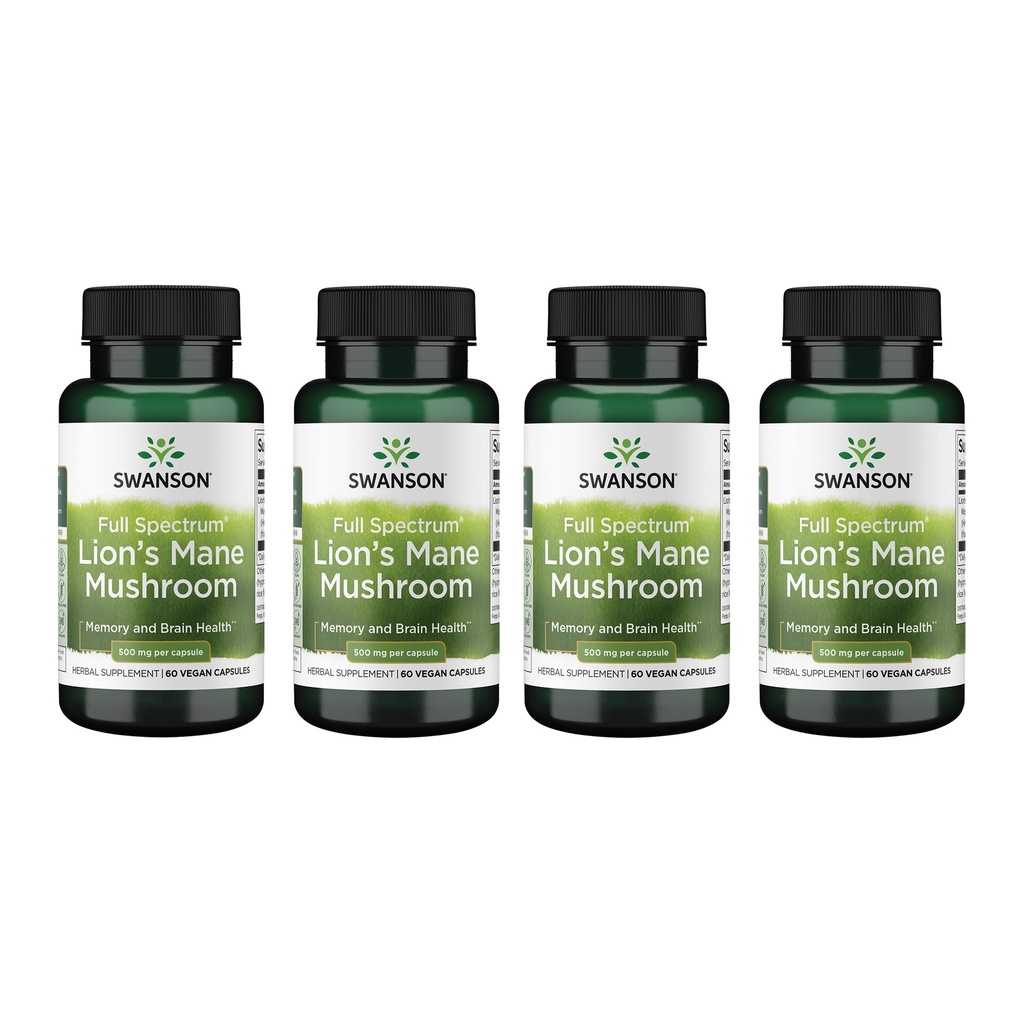 Swanson Full Spectrum Lion's Mane Mushroom - Brain Health täydentää tukimuistia, keskittyä ja selkeyttä* - Voi myös tukea Immuuni, sydän ja ruoansulatus - Gluteeniton & ei-GMO - 60 kapselia (4 pakkaus)