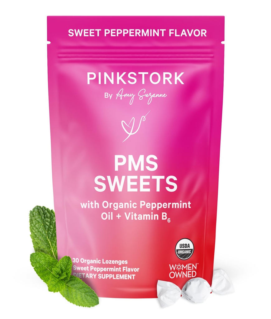 Rosa Stork Organic PMS Support Sweets för tonåringar och kvinnor - Enkla och naturliga ingredienser Vitamin B6 och Peppermint - Period, Digestion, Bloating, Mood Swings - 30 droppar