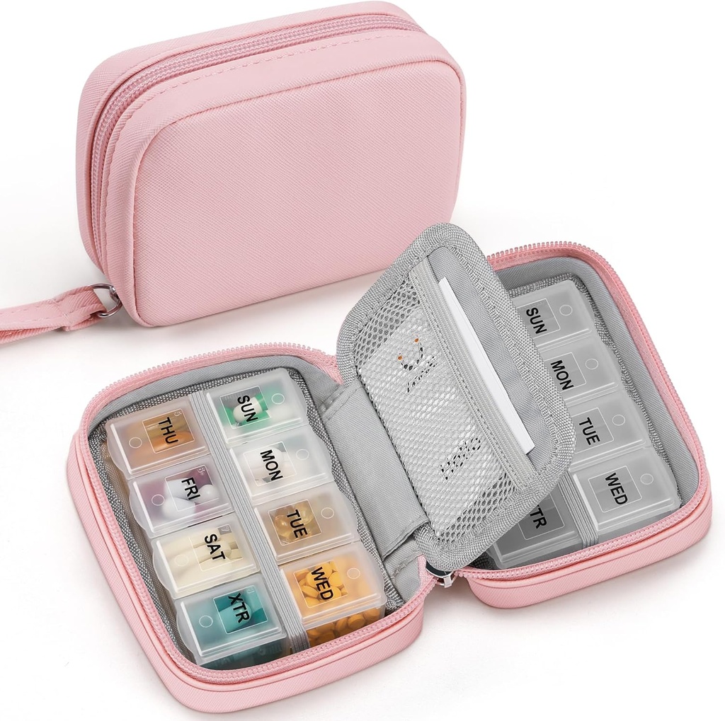 Zannaki Cute Pill Organizer för handväska med två flyttbara 7-dagars Pill Box, Travel PU Leather Pill Case, Portable Weekly Pill Container med lagringsväska för att hålla vitaminer, fiskoljor, tillskott (rosa)