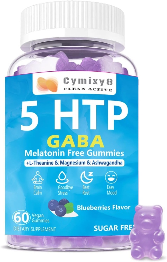 5-HTP GABA Gummies Blend 1700mg, Sugar-Free Calm Gummies med L Theanine, Magnesium, Ashwagandha, Omega-3-6-9, Vitamin D3, B6 för Natural Zzzs, Mood, Brain-Calm, Blueberry Flavor 60Count