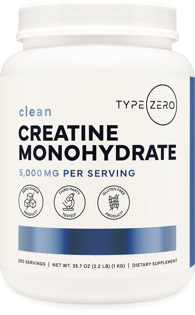 Tyyppi Zero Creatiini Monohydraatti (Ei makua) 1 KG, 5000 mg (5g) per tarjoilu, mikronoitu, nollasokeri, Keto Friendly & Gluteeniton, 200 tarjoilua