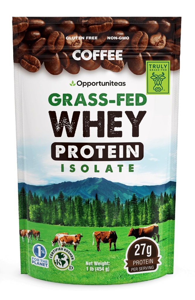 Opportuniteas Coffee Whey Protein Powder - Low Carb & Keto Friendly - Grass Fed Whey Isolate + Columbian Coffee - 60 mg Kofeiini energia - Pre tai Post Treenaa Drink Mix, Latte, Shake & Smoothie 1lb