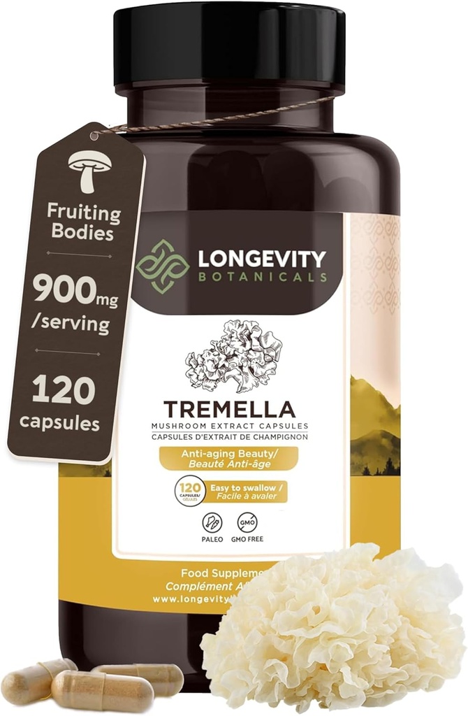 Organiska Tremella Mushroom Capsules Supplement (120) | Fruktande kropp 10:1 Hög styrka snösvamp Extract | 10% Beta-D Glucans | 9,000mg Raw Equivalent Per Servering | Hud Hydration & Brain Support