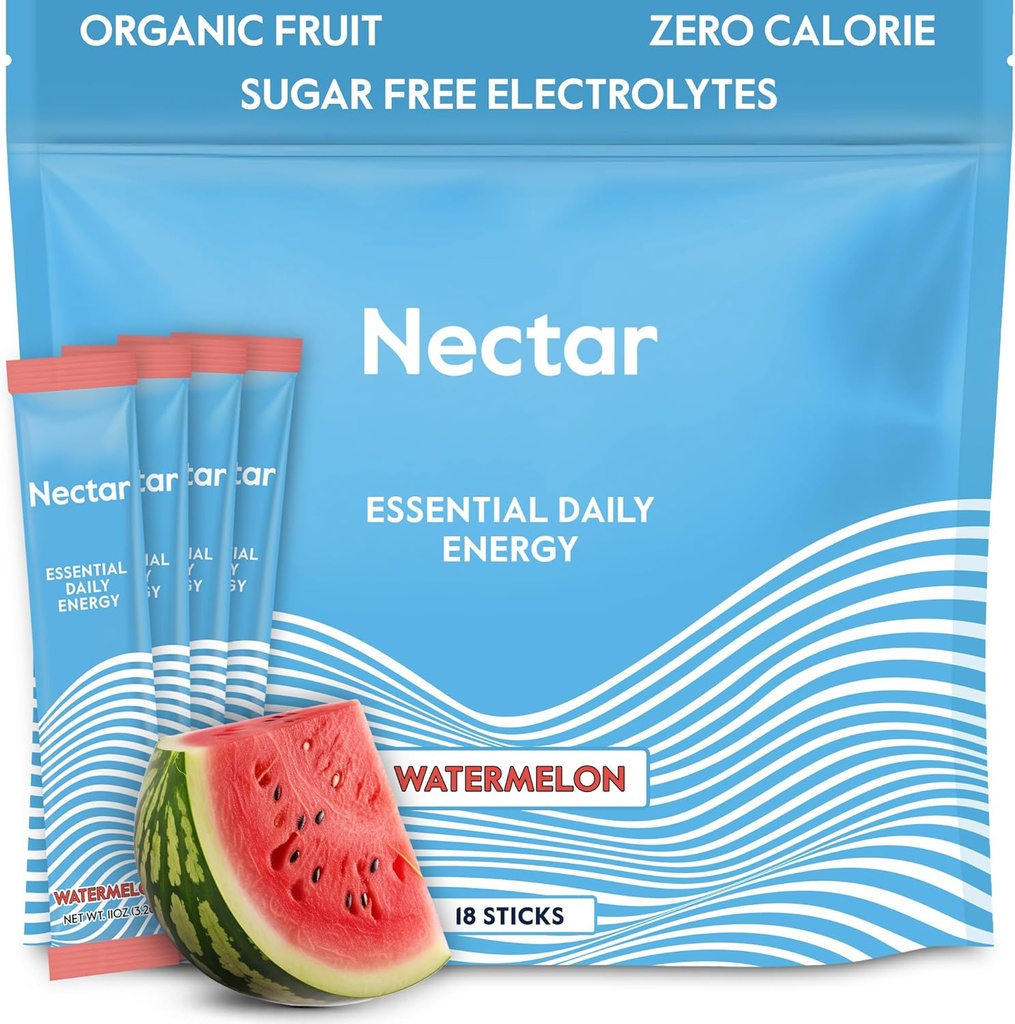Nectar Energy Booster - Organic Caffeine, B12 & Electrolytes - Sugar Free & Zero Calorie - Healthy Coffee, Energy Drink & Soda Alternative - Hydration & Energy Supplement (Watermelon 18 Packets)