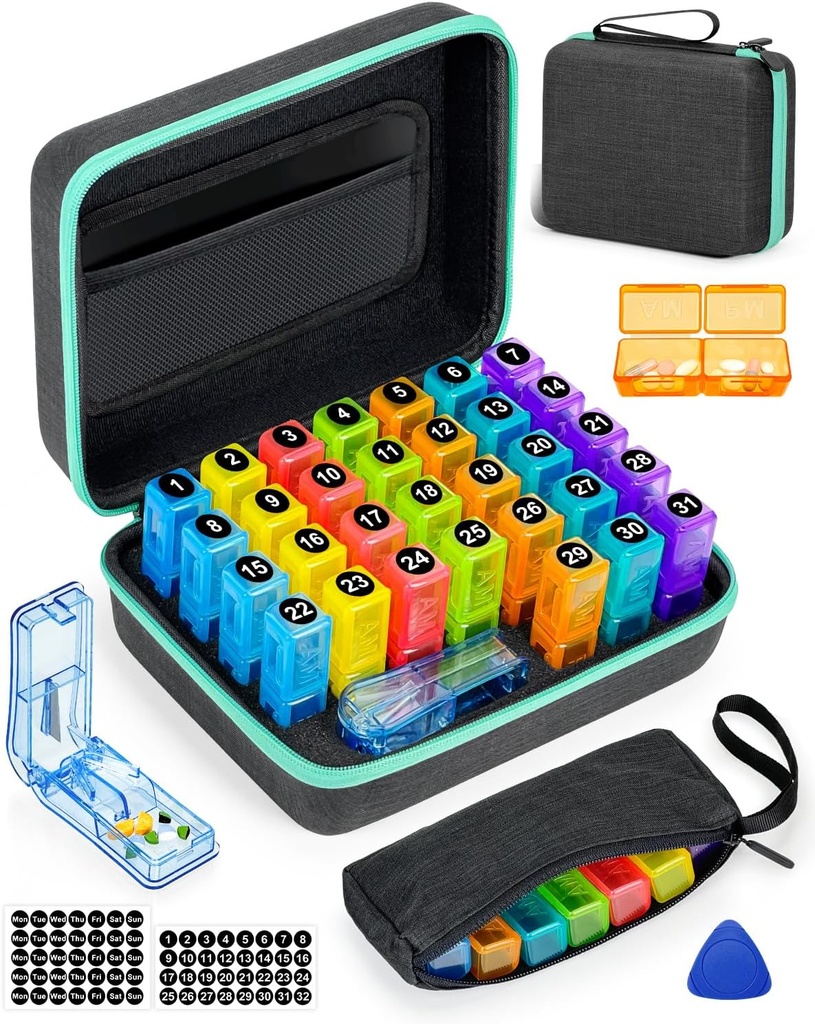 Kuukausittainen pilleri Organizer 2 Kertaa päivässä, jossa viikoittain pilleri laukku, kannettava kova kuori, pilleri cutter, muovi avaus Pick, kuukausittain ja viikoittain tikkuja, kätevä lääkehoito ja seuranta