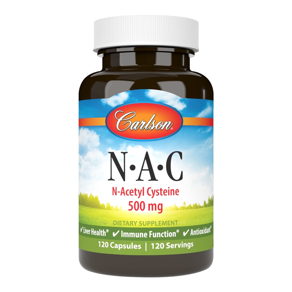 Carlson - NAC, N-Acetyl Cysteine, 500 mg, leverhälsa, immunfunktion, antioxidant, 120 vegetariska kapslar