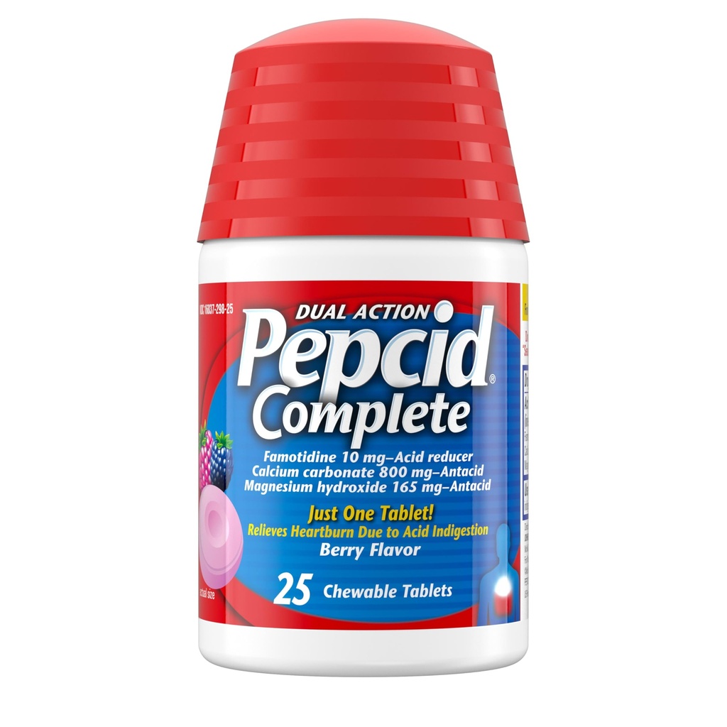 Pepcid Complete Acid Reducer + Antasidi Acid Refluxille, 10 mg famotidiinia, 800 mg kalsiumkarbonaattia & 165 mg Magnesiumhydroksidia/ Heartburn Medicine Tablet, Antasidit Chews, Berry, 25 lla