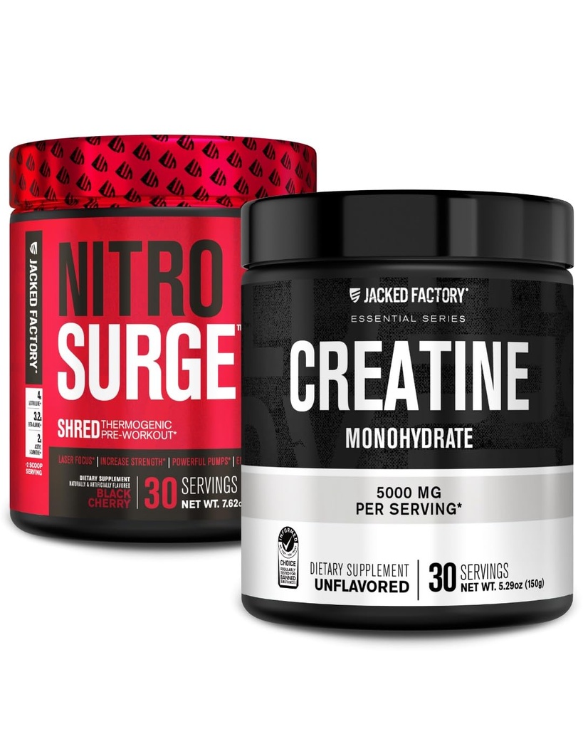 Jacked Factory NITROSURGE Shred Pre workout täydennysosa (musta kirsikka, 30 Servings) & Creatiini Monohydraattijauhe (mautonta, 30 tarjoilua)
