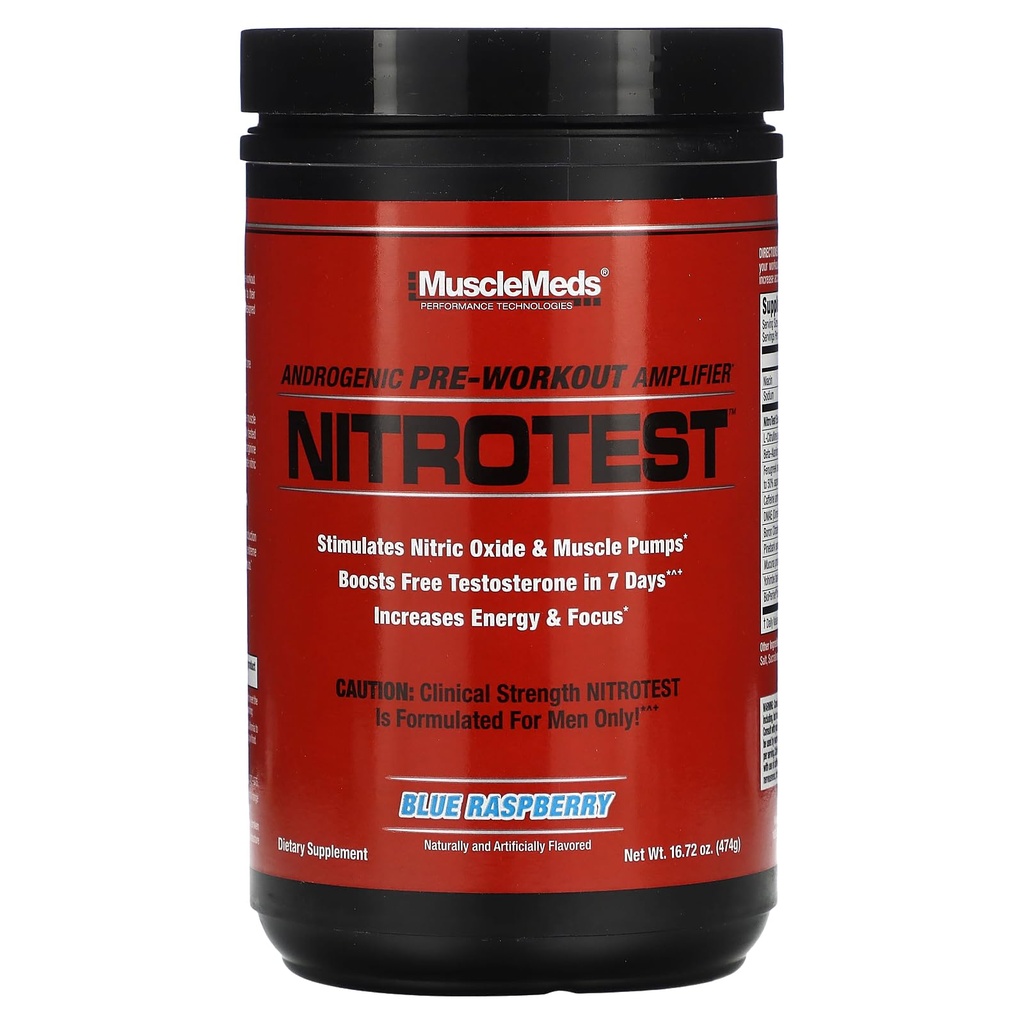 MuscleMeds Nitrotest Pre-Workout Supplement Drink, Boost Nitric Oxide, Testosteron, Blue Raspberry, 30 Servering, 1,04 Pound, 1 Count