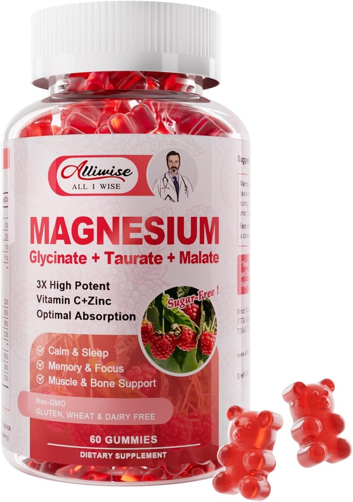 Magnesium Glycinate Gummies,Magnesium Kalium lisäravinteet taurate, malaatti, D-vitamiinit, C, B6, kalsium,Body tuki, vadelma Magnesium Gummies aikuisille ja lapsille