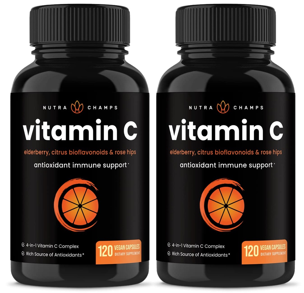 NutraChamps (2 pakkaus) C-vitamiini 1000 mg vanilja, Citrus Bioflavonoids & Rose HIPS - 120 kapselia Vegaani, ei-GMO-antioksidantti täydennysosa Immuno Health & Collagen Production 500mg jauhe pillereitä