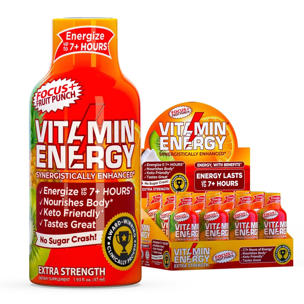 Vitamiini Energy Focus+ Extra Strength Energy Shot Fruit Punch 12 pakkaus, 260 mg luonnollinen kofeiini, B-vitamiinit, CoQ10, Aminohapot, tarkennus, tuottavuus ja selkeys, nollasokeri, gluteeniton, 1,93 fl oz