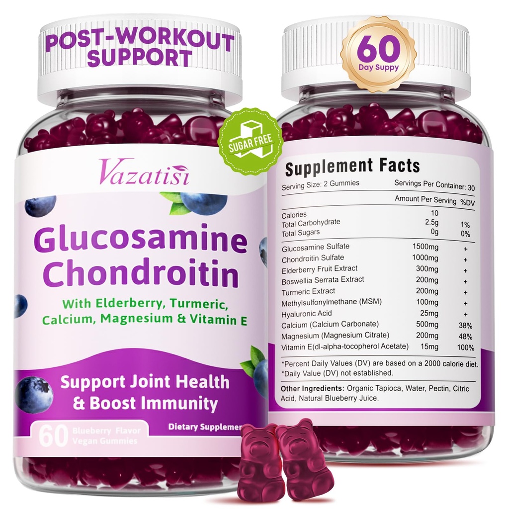 2 pakkaus Glukosamiini Chondroitin Gummies - Glukosamiini Chondroitin MSM, Elderberry, Turmeeric, Joint Support Supplement for Aikuinen, Miehet & Naiset - Mustikka maku, 120 Cts