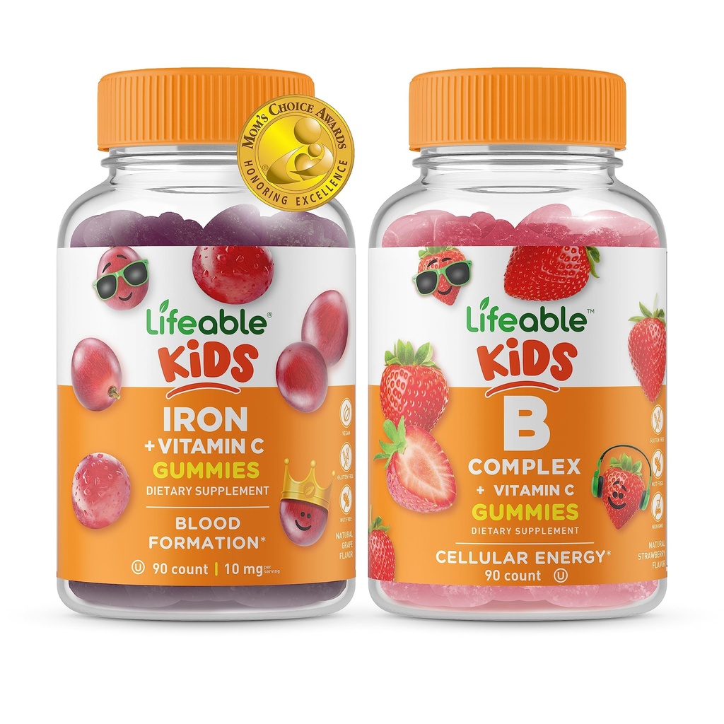 Elinkelpoinen Iron & Vitamiini C Lapset + B Complex lapset, Gummies Bundle - Suuri maistaminen, vitamiini täydentää, Gluteeniton, GMO vapaa, pureskeltava Gummy