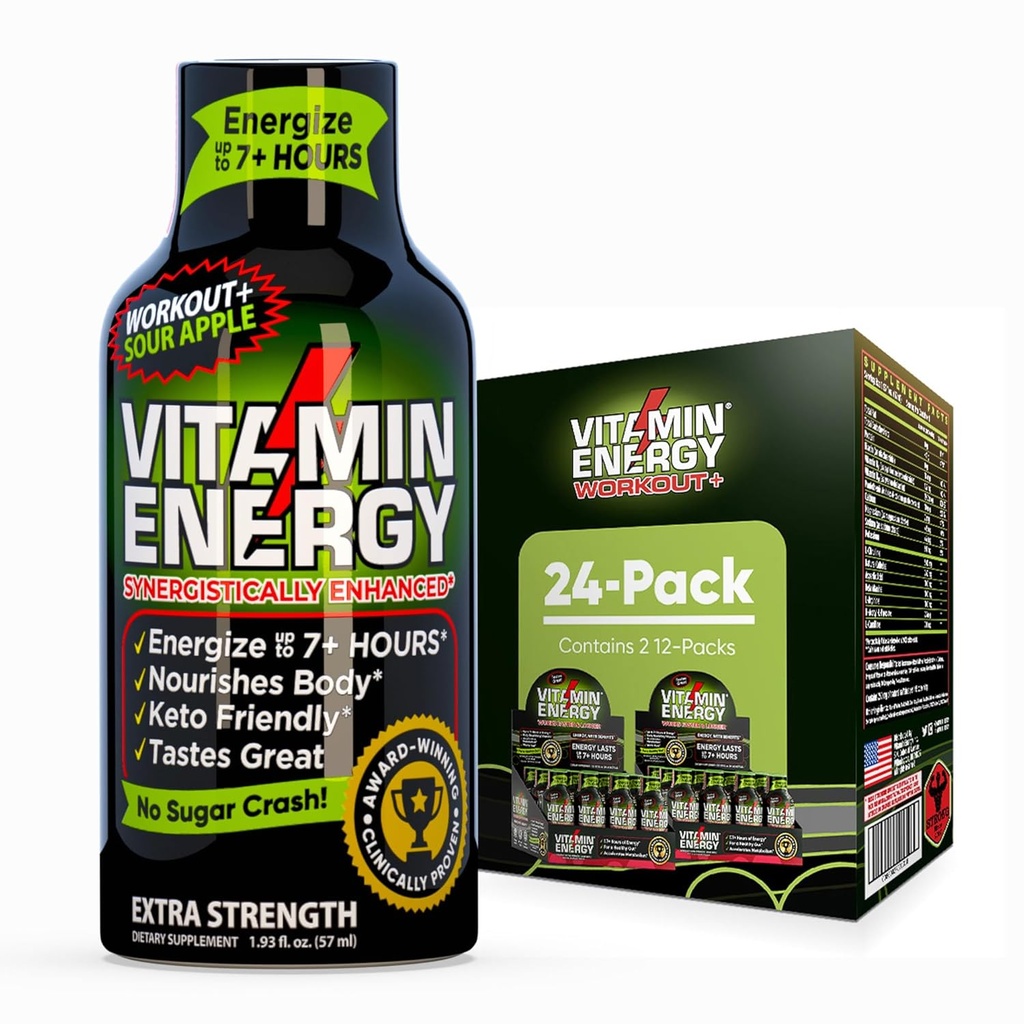 Vitamiini Energy Treout+ Extra Strength Energy Shot Sour Apple 24 Pack, 260 mg Natural Comfeine, Pre-Workout, B-vitamins, Minerals, Endurance & Performance, Zero Sugar, Gluteeniton, Vegan, 1,93 fl oz