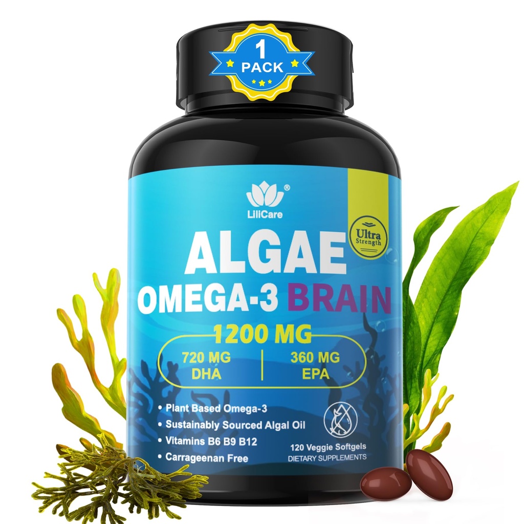 Omega 3 Fish Oil Softgels DHA 720mg EPA 360mg, Vegan Algae Science 2:1 suhde aivojen silmän, kasvi perustuu kestävästi lähdettiin Omega 3 täydentää, Fish Oil Alternative 1200mg, Ei Fish Taste, 120Cts