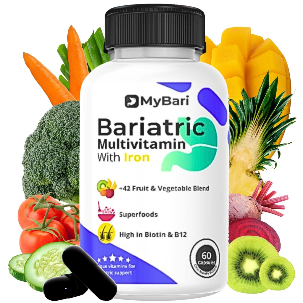 All-in-one Bariatric Multivitamiini - valmistettu Yhdysvalloissa - miesten ja naisten - tukee mahalaukun hiha & ohitus 42+ Fruit & Veggie Blend - 60 nestemäistä kapselia