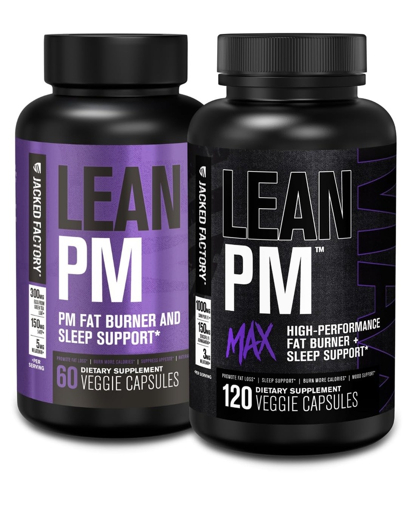 Jacked Factory Lean PM & Lean PM Max Night Time Fat Burner, Sleep Aid Supplement, & Ruokahalua Suppressant miesten ja naisten (180 kapselia)