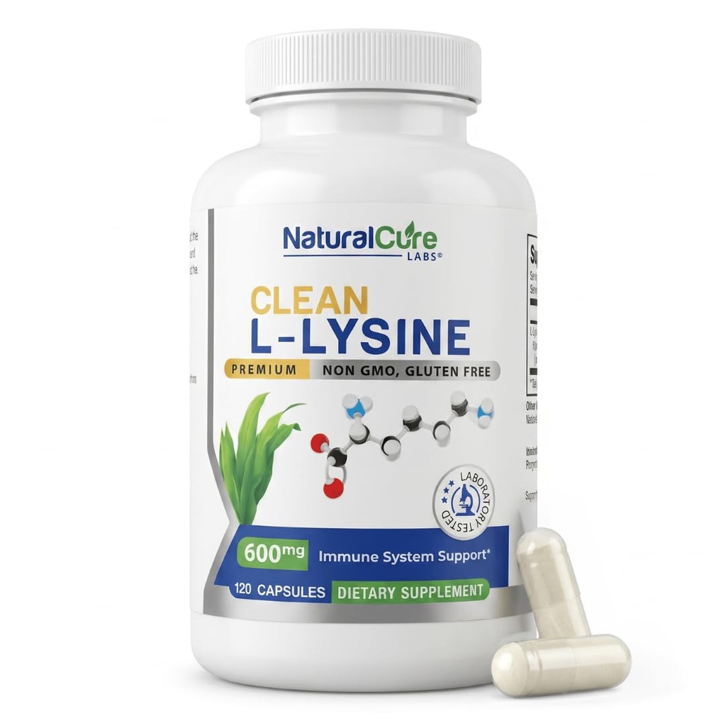 Natural Cure Labs Clean L-Lysine 600mg, 120 kapslar | Vegan, icke-GMO och Gluten Free