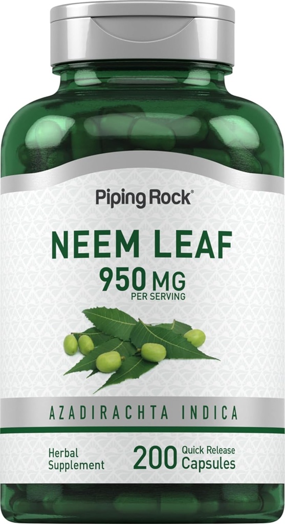 Piping Rock Neem Leaf Capsules ... 950mg... 200 Jauhepillerit... Herb Extract Supplement ... Azadirachta indica...