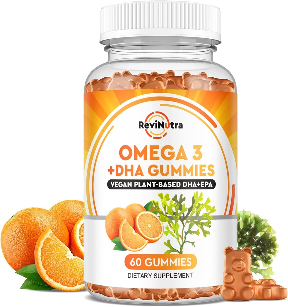 Omega 3 Gummies, Omega 3 Fish Oil Supplements Vaihtoehtoinen EPA & DHA, CoQ10, Folaatti, A-vitamiini, D3, E, Tukee aivot, Joint, Sydän, Silmät, ja Immuunijärjestelmän toiminto-Orange Flavor, 60 Gummies
