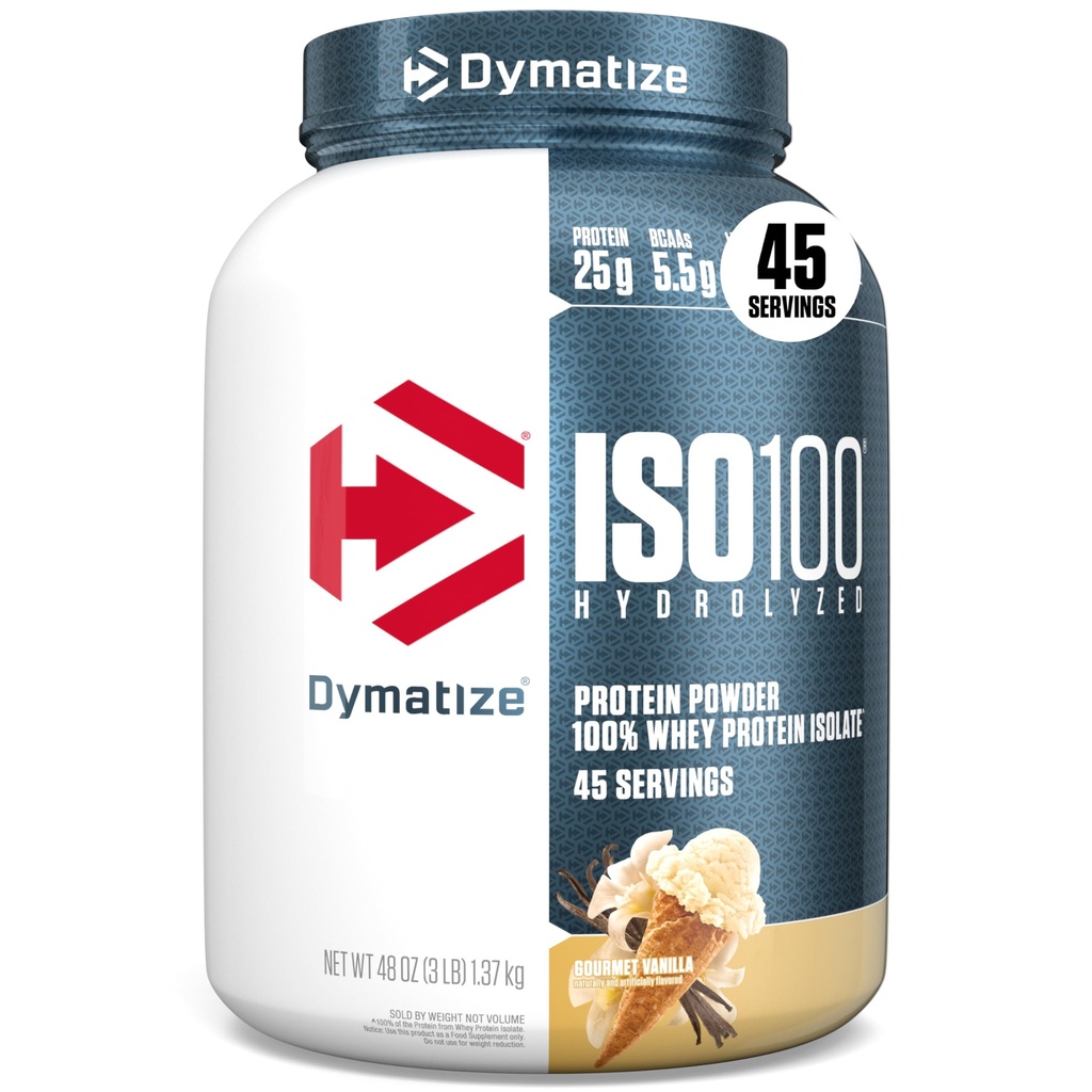 Dymatize ISO100 Whey Protein Powder Isolate, vanilja, 25g proteiinia, 3 punta, 5.5g BCAAs, Alle 120 Cal., Gluteeniton, 1g rasvaa, 1g sokeria, 2g Karb (45 tarjoilua)