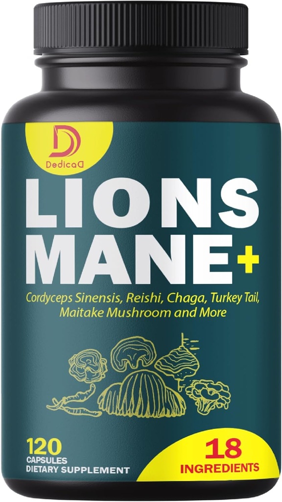 18in1 Mushroom Supplement Complex - med Lion's Mane, Cordyceps Sinensis, Reishi Mushroom - Stöd Brain Supplement för energi, minne och immunsystem - 120 kapslar