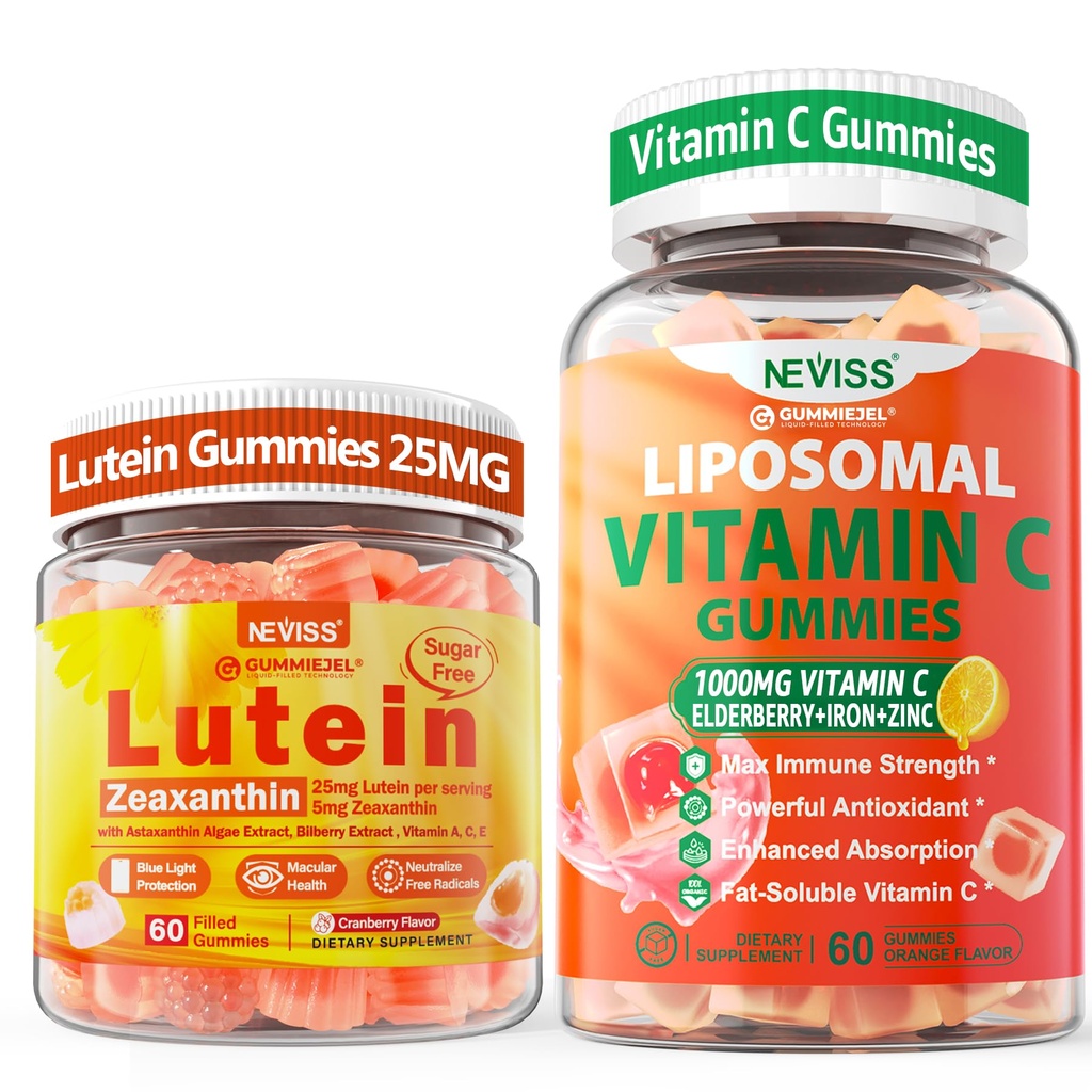 NEVISS 1Pack Liposomaalinen C-vitamiini 1000 mg Gummies + 1Pack Lutein Zeaksantiini täydentää Gummies