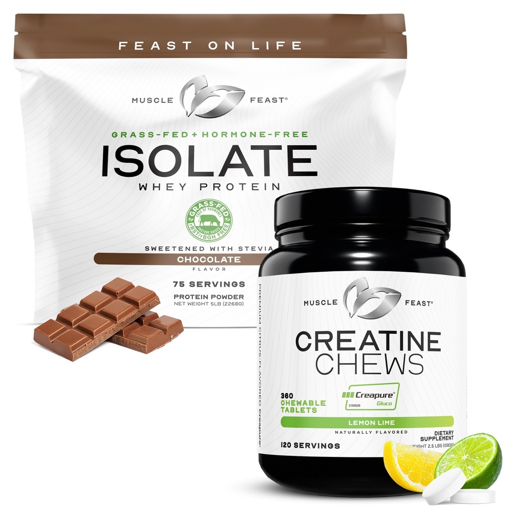 Muscle Feast Isolate + Creatiini Candy Bundle: 1 Whey Protein Isolate (Chocolate, 5lb) + 1 Creatiini Candy (Sitruunalimetti, 360) . Premium-lisät, kasvissyöjä, Gluteeniton