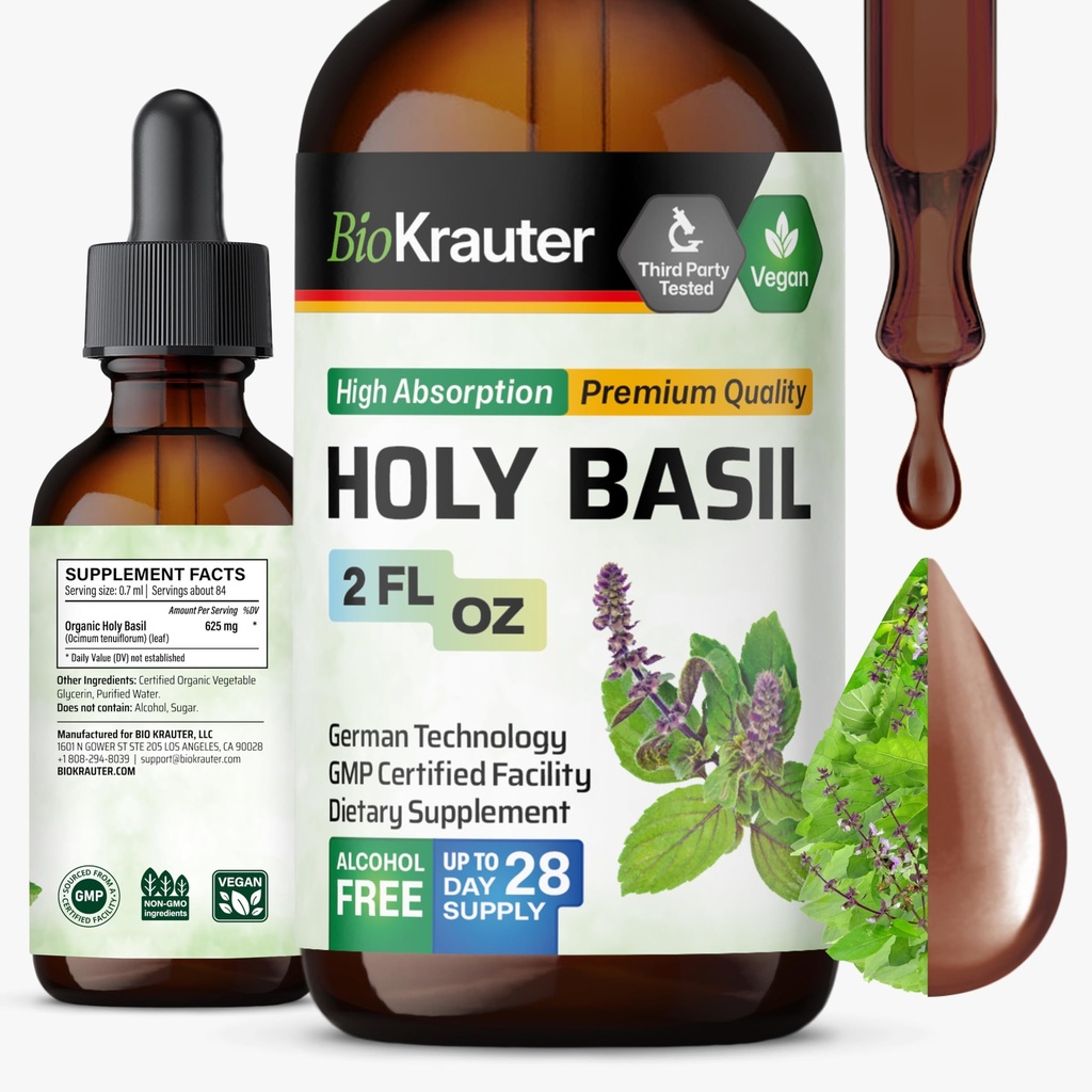 BIO KRAUTER Holy Basil Tincture - Tulsi Powder Liquid Extract - Tukee rauhallisuutta ja rentoutumista - Ursolic Acid Supplement - Alkoholiton ja sokeriton - Vegan Drops 2 Fl.Oz.
