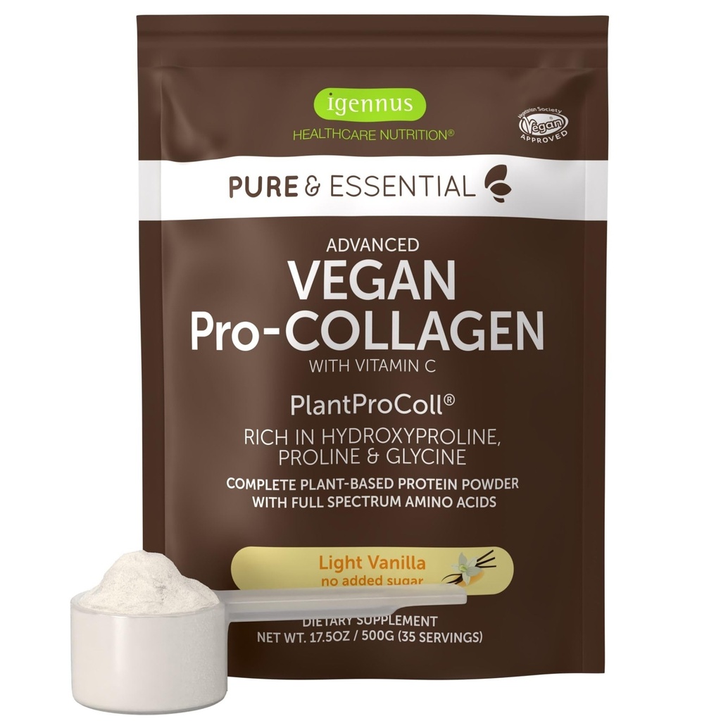 Igennus Advanced Vegan Vanilla Collagen Peptide Powder, Enhanced with Glysiini, Proline & Hydroxyproline & Cofactor C, Non GMO, kasvissyöjä Kasvispohjainen Collagen Powder Booster, 35 Servings