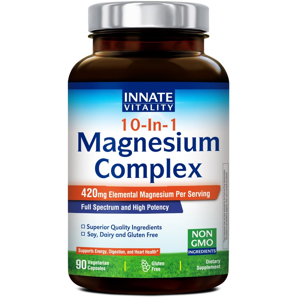 Innate Vitality 10-in-1 Magnesium Complex 960mg, 420mg Elemental Mag per Serving, magnesium Glycinate, Sitraatti, malaatti, ja enemmän, uni, Digestio, energiatuki, 90 Vegan Caps