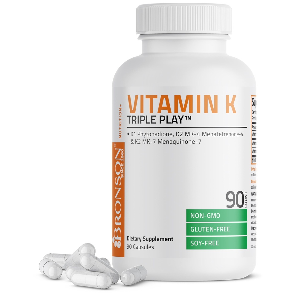 Bronson-vitamiini K-kolmiopeli (K2-vitamiini MK7 / K2-vitamiini MK4 / K1-vitamiini) Full Spectrum-kompleksi K-vitamiinin täydennysosa, 90 kapselia